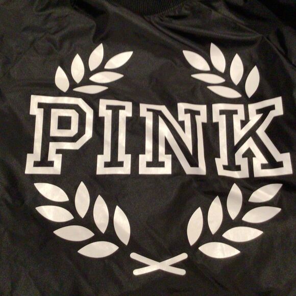 PINK Victoria's Secret Bomber Jacket Black w/ White Graphics Size XS - Picture 2 of 5